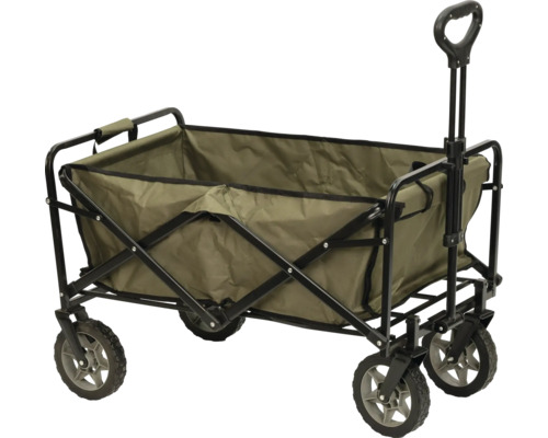 Cărucior de mână pliabil din pânză verde oliv cu cadru din metal negru, bară de tracțiune și patru roți.