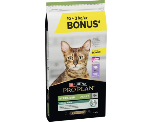 Hrană uscată pentru pisici Purina Pro Plan Sterilised Adult 1 Plus Renal Plus cu curcan, pachet bonus 10 plus 2 kilograme.