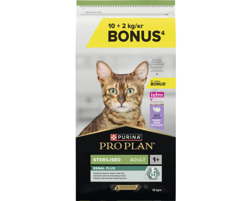 Hrană uscată Purina Pro Plan Sterilised Adult Renal Plus pentru pisici de peste un an, curcan, 12 kilograme cu sigiliu de prospețime.