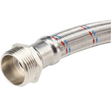 Furtun flexibil armat din oțel inoxidabil cu filet exterior pentru instalații sanitare.