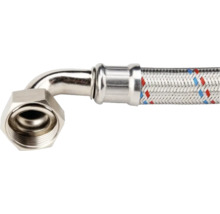 Furtun flexibil blindat cu racord cot la 90 de grade și piuliță olandeză din metal pentru instalații sanitare.