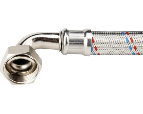 Furtun flexibil blindat cu racord cot la 90 de grade și piuliță olandeză din metal pentru instalații sanitare.