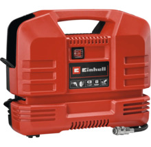 Compresor portabil Einhell, presiune maximă 8 bar, putere 1,1 kilowatt, fără ulei, mâner de transport integrat și racord pentru furtun.