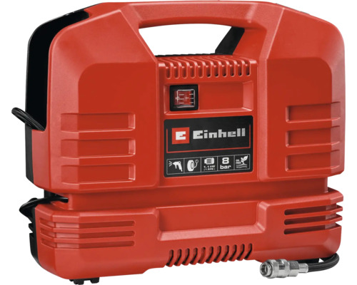 Compresor portabil Einhell, presiune maximă 8 bar, putere 1,1 kilowatt, fără ulei, mâner de transport integrat și racord pentru furtun.