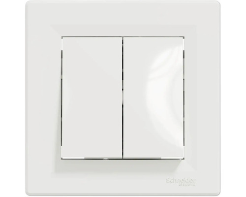 Întrerupător dublu pătrat alb de la Schneider Electric cu Schneider Electric Logo.