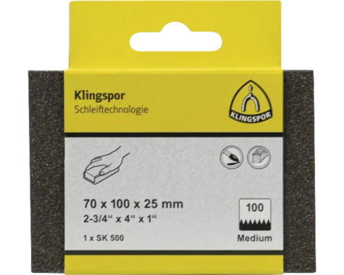 Burete abraziv Klingspor SK 500 Medium, granulație 100, dimensiuni 70 pe 100 pe 25 milimetri pentru lemn și vopsea.