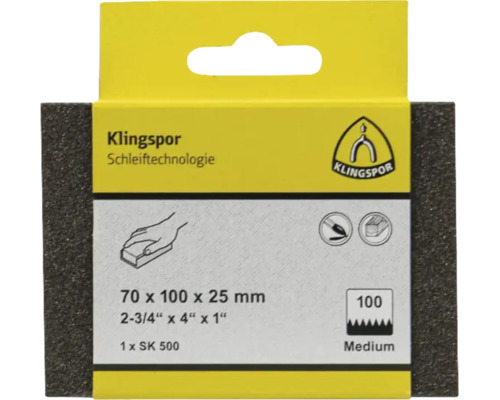 Burete abraziv Klingspor SK 500 cu Klingspor Logo, granulație 100 medie, 70 pe 100 pe 25 milimetri, pentru șlefuire manuală a lemnului.