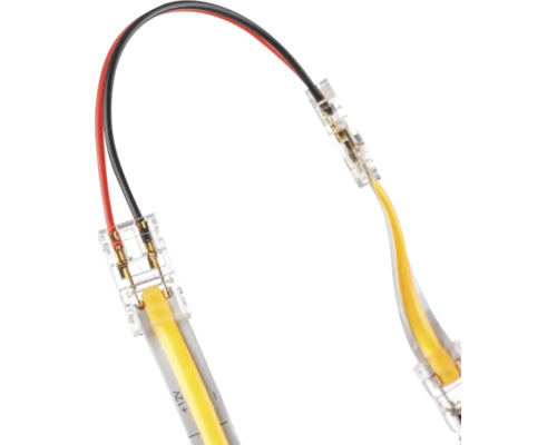 Conector pentru bandă LED cu cablu pentru 12 volți, carcasă din plastic transparent cu fire roșu și negru.