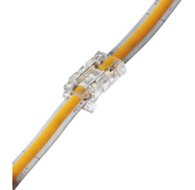 Conector rapid din plastic transparent pentru benzi LED COB de 12 Volți pentru conectarea directă a două capete de bandă.