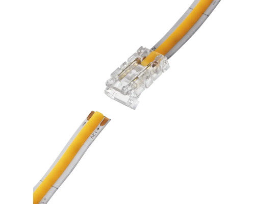 Conector cu clemă din plastic transparent pentru benzi LED COB pentru îmbinarea a două secțiuni galbene de bandă.