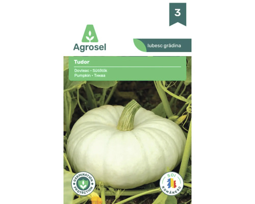 Logo Agrosel, plic cu semințe de dovleac Tudor, dovleac alb striat pe plantă, sigiliu pentru protecția germinării și soi românesc.
