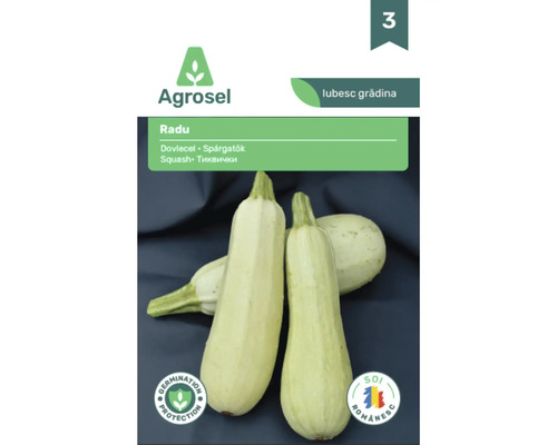 Semințe de dovlecel Agrosel Radu, plic cu imaginea unor dovlecei de culoare deschisă.