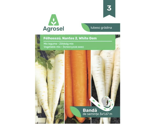 Bandă de semințe Agrosel mix de legume cu morcovi Nantes 2 și păstârnac White Gem, 3 ori 1,67 metri.