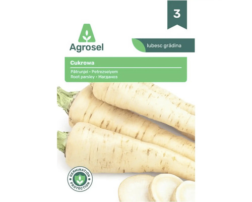 Plic cu semințe de pătrunjel de rădăcină Agrosel soiul Cukrowa cu imagine a rădăcinilor albe, sigiliu de protecție a germinării și logoul Agrosel.