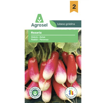 Plic cu semințe de ridichi Rozaria de la Agrosel, ridichi alungite roșii cu alb, sigiliu protecție germinare, soi românesc și Agrosel Logo.