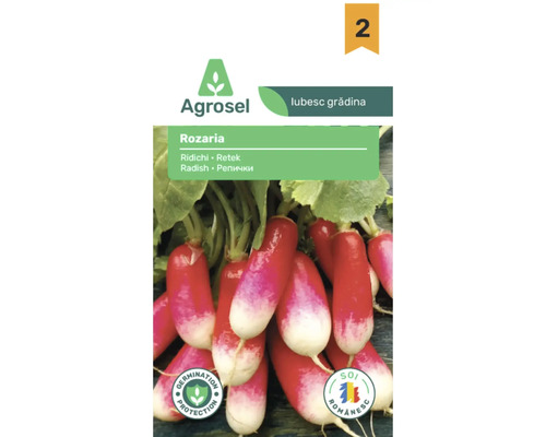 Plic cu semințe de ridichi Rozaria de la Agrosel, ridichi alungite roșii cu alb, sigiliu protecție germinare, soi românesc și Agrosel Logo.