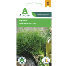 Plic semințe Agrosel Agromar Mărar cu Agrosel Logo și simboluri pentru protecția germinării și soi românesc.