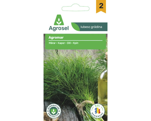 Plic semințe Agrosel Agromar Mărar cu Agrosel Logo și simboluri pentru protecția germinării și soi românesc.