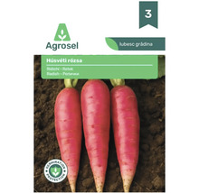 Semințe de ridichi Agrosel soiul Húsvéti rózsa cu trei ridichi lungi roz în pământ și simbol de protecție a germinației.