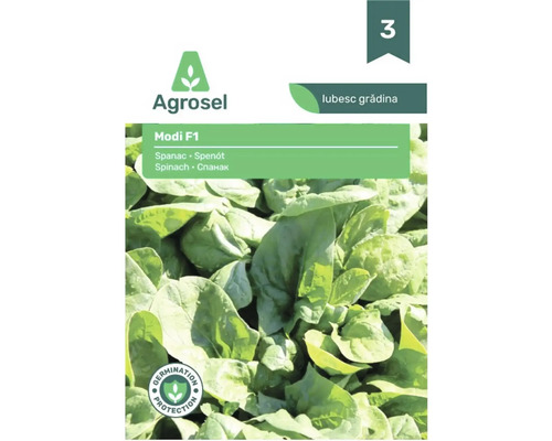 Agrosel Logo, semințe de spanac Modi F1 cu sigiliu de protecție a germinării.