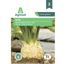 Logo Agrosel, țelină de rădăcină Apollo crescând în pământ, simbol de protecție a germinării și omologare pentru România.