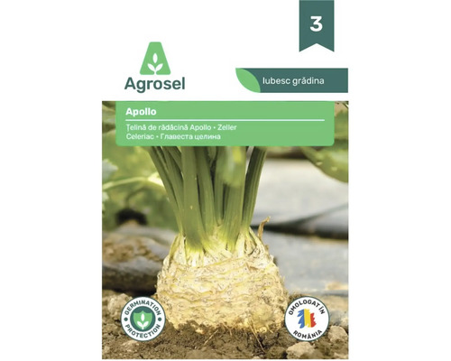 Logo Agrosel, țelină de rădăcină Apollo crescând în pământ, simbol de protecție a germinării și omologare pentru România.