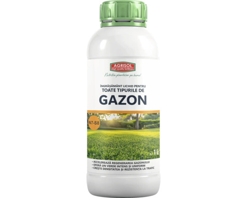 Îngrășământ lichid Agrisol pentru toate tipurile de gazon, 1 litru, formula N7-S8 pentru regenerare și densitate.