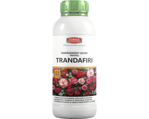 Îngrășământ lichid Agrisol pentru trandafiri, flacon de 1 litru, pentru stimularea creșterii și înfloririi.