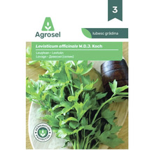 Plic de semințe de leuștean Agrosel Levisticum officinale cu frunze proaspete, sigiliu de protecție a germinării și Agrosel Logo.