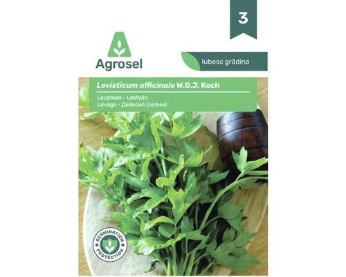 Plic de semințe de leuștean Agrosel Levisticum officinale cu frunze proaspete, sigiliu de protecție a germinării și Agrosel Logo.