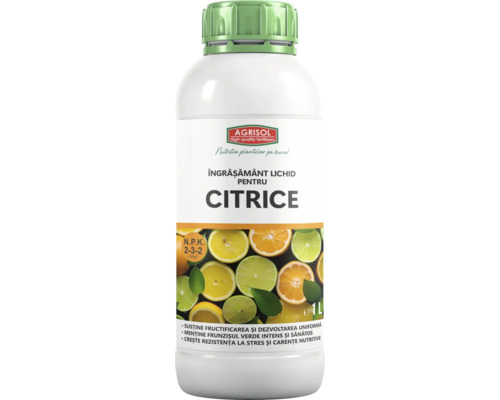 Îngrășământ lichid pentru citrice Agrisol, flacon de 1 litru, raport nutrienți 2-3-2, cu oxid de magneziu.