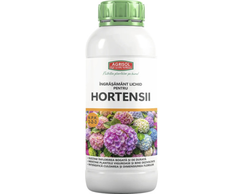 Îngrășământ lichid Agrisol pentru hortensii 3-2-3, flacon de 1 litru.