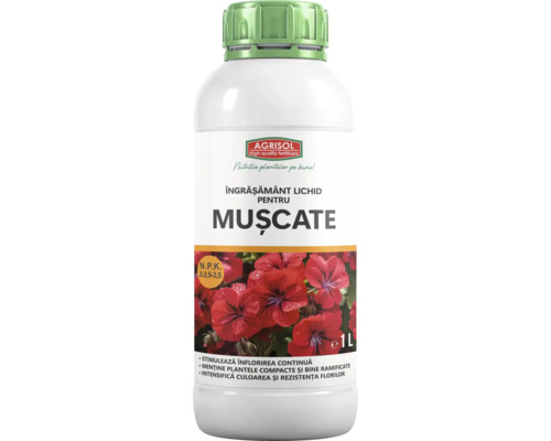 Îngrășământ lichid Agrisol pentru mușcate, flacon de 1 litru, conținut de nutrienți 2-2,5-3,5.