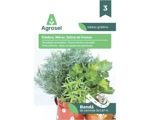 Agrosel bandă de semințe mix plante aromatice cu cimbru, mărar și țelină de frunze, 3 bucăți de 1,67 metri.