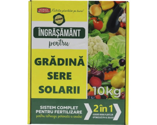 Îngrășământ Agrisol pentru grădină, sere și solarii, 10 kilograme, ambalaj cu imagini de legume diverse.