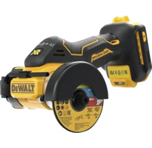 Mașină de debitat cu acumulator DeWalt fără perii pentru diverse materiale cu disc de tăiere și apărătoare de protecție.