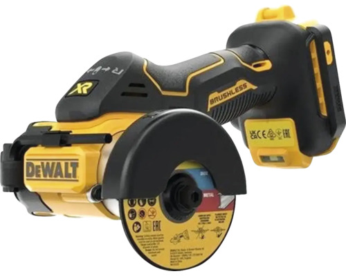 Mașină de debitat cu acumulator DeWalt fără perii pentru diverse materiale cu disc de tăiere și apărătoare de protecție.