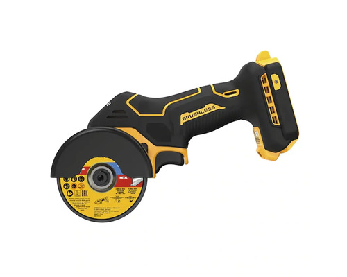 Polizor unghiular compact cu acumulator, motor fără perii, apărătoare de protecție și disc de tăiere pentru metal.