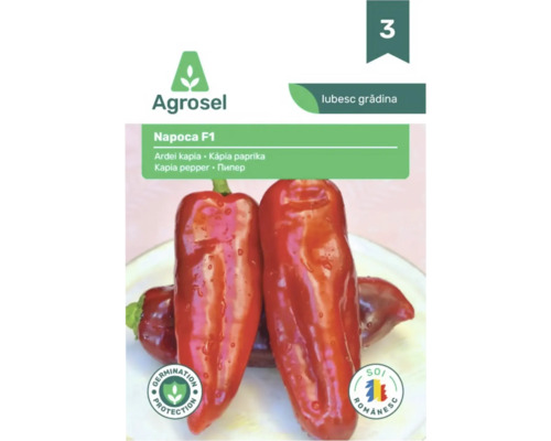 Plic de semințe Agrosel pentru ardei kapia Napoca F1, Agrosel Logo, sigiliu de protecție a germinației și sigiliu pentru soi românesc.