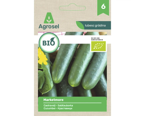 Logo Agrosel, semințe de castraveți ecologici Marketmore, sigla Uniunii Europene pentru agricultură ecologică