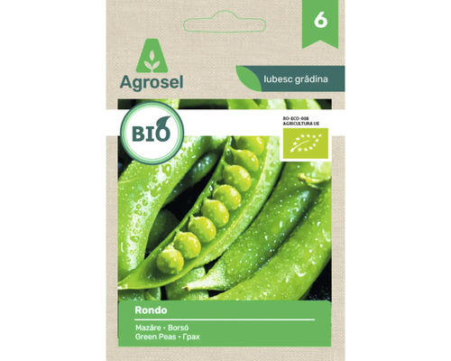 Agrosel Logo. Semințe de mazăre bio Rondo cu siglă ecologică europeană.