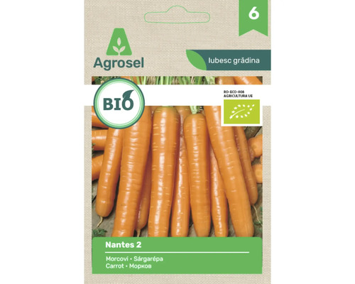 Semințe de morcov bio Nantes 2 de la Agrosel, plic de semințe cu imaginea unor morcovi, sigla Bio și logo-ul Uniunii Europene pentru produse ecologice.