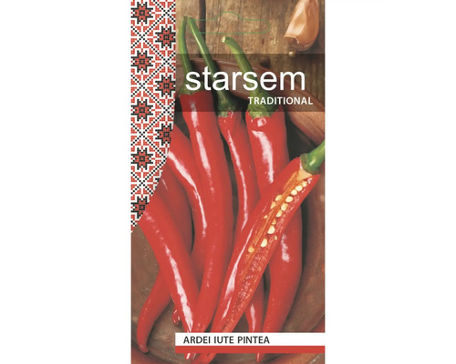 Semințe de ardei iute Starsem Ardei Iute Pintea, plic cu imaginea unor ardei roșii.