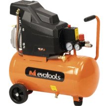 Compresor cu piston mobil portocaliu cu unitate motor neagră, rezervor orizontal, două manometre, roți și mâner de transport. Evotools Logo.