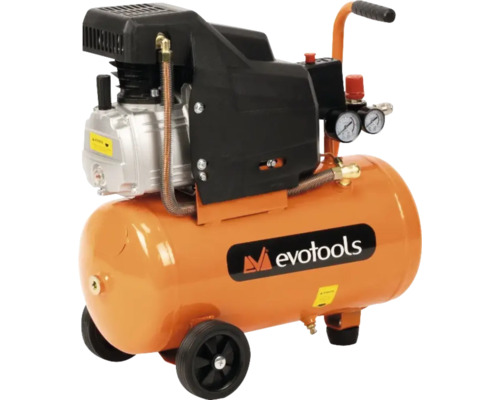 Compresor de aer mobil Evotools cu rezervor orizontal portocaliu, două roți, mâner și două manometre.