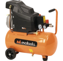 Compresor de aer mobil Evotools cu rezervor portocaliu, elemente negre, două manometre și roți.
