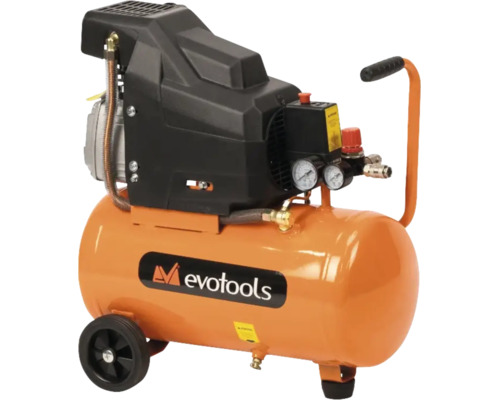Compresor de aer mobil Evotools cu rezervor portocaliu, elemente negre, două manometre și roți.