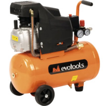 Compresor de aer mobil Evotools cu rezervor orizontal portocaliu, două manometre și roți.