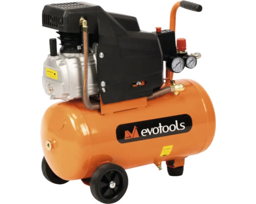 Compresor de aer mobil Evotools cu rezervor orizontal portocaliu, două manometre și roți.