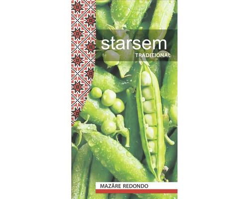 Semințe Starsem mazăre Redondo, plic de semințe cu imaginea unor păstăi de mazăre verde proaspătă.